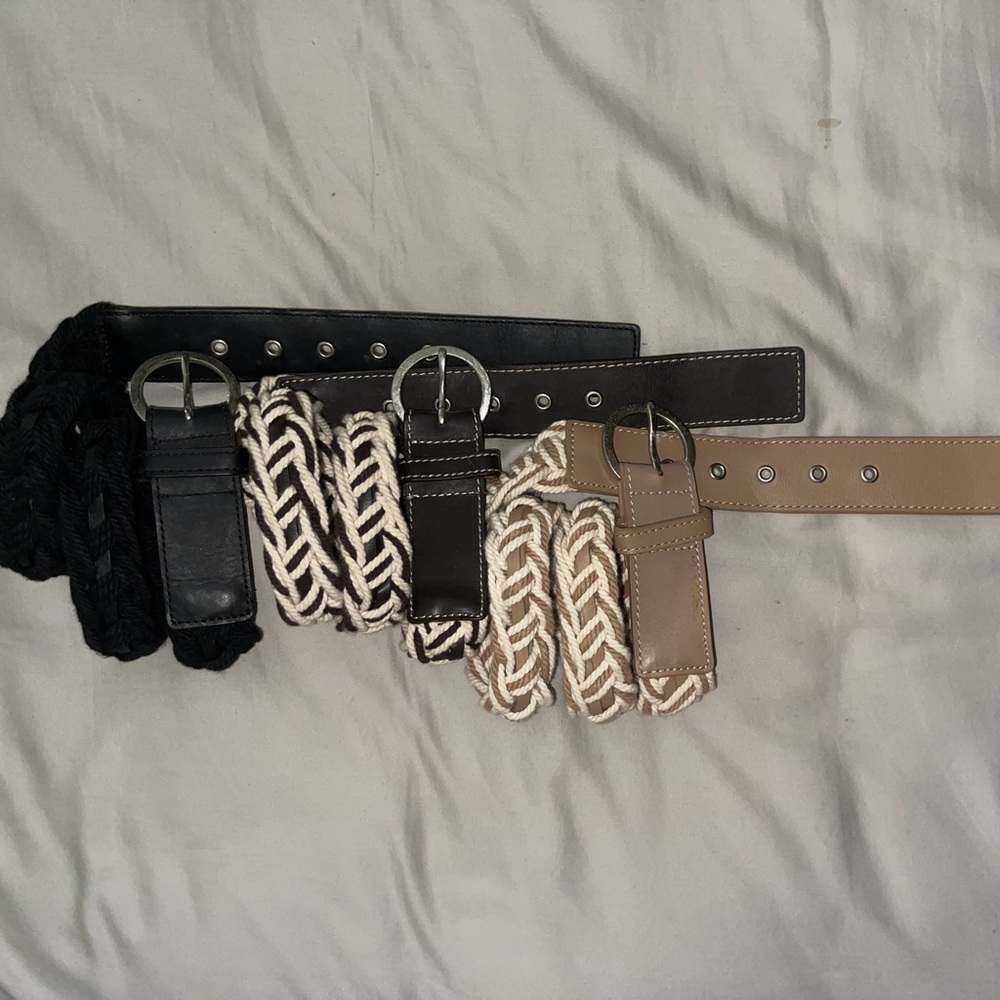 3 Talbots boho belts. Woven, canvas, leather. Size 34 (M/L). White, black, beige